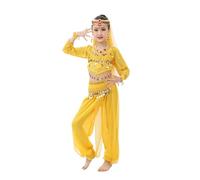 Indian Girls Dance Costume Set with Glitter Sequins Mesh Fabric for Belly Dance Performances Ideal for Children's Festivals Cultural Performances Combines Tradition Modern Style (Yellow, 3-4 Years)
