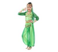 Indian Girls Dance Costume Set with Glitter Sequins Mesh Fabric for Belly Dance Performances Ideal for Children's Festivals Cultural Performances Combines Tradition Modern Style (Green, 7-8 Years)