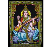Indian Goddess Saraswati Sequin Cotton Wall Hanging Tapestry Wall Decor Painting (44x30, Multi-2)