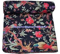 Indian Hand-Block Printed Jaipuri Print Tropical Paisley Floral Ethnic Sanganer Kurti Print Cotton Fabric (Black Bird, 10 Yards)