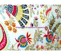 Indian Hand-Block Printed Jaipuri Print Tropical Paisley Floral Ethnic Sanganer Kurti Print Cotton Fabric (White Mukut, 5 Yards)