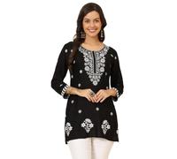 Indian Hand Embroidered Chikankari Women's Straight Reyon Short Kurta Kurti Tunic for women, Black, Medium