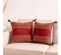 Indian Handmade Cotton Chenille Kilim Rug | Vibrant Flatweave, Ethnic Design, Handwoven, Durable, Soft, Braided Edges & Tassels, Ideal for Living Room, Bedroom, and Hallway-Cusion Cover Pack of 2