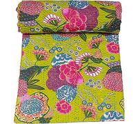Indian Handmade Cotton Kantha Quilt Bohemian Bed Decor Throw Blanket Hand Stitched Bed Spreads Floral Printed Color Full Beach Throw Vintage Bed Cover Hippie Bedding (Parrot Green, 90' x 108')