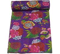 Indian Handmade Cotton Kantha Quilt Bohemian Bed Decor Throw Blanket Hand Stitched Bed Spreads Floral Printed Color Full Beach Throw Vintage Bed Cover Hippie Bedding Quilting (Purple, 60' x 90')