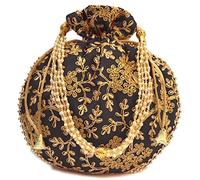 Indian Handmade Flower Embroidered Black & Golden Silk Potli Bag Clutch Purse Pouch Drawstring Bag For Women's Wedding Gift, Black-2