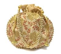 Indian Handmade Flower Embroidered Multi Color Silk Potli Bag Clutch Purse Pouch Drawstring Bag For Women's Wedding Gift, Beige-2