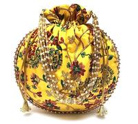 Indian Handmade Flower Embroidered Multi Color Silk Potli Bag Clutch Purse Pouch Drawstring Bag For Women's Wedding Gift, Yellow 3
