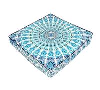 Indian Handmade Large 35x35 Mandala Floor Cushion Cover- 100% Cotton for Meditation Cushion Oversize Seating Hippie Colourful Decorative Bohemian COVER ONLY (Peacock Sky Blue)