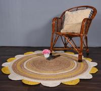 Indian Handwoven Braided Natural Jute with Yellow Color Scalloped Design Area Rugs, Scalloped Rugs, Home Décor Natural Jute Rugs & Carpet Size, 4 x 4 Feet Round (120 cm x 120 cm)