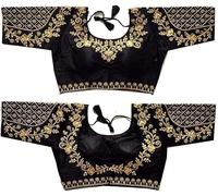 Indian Hawker Phantom Silk Embroided Handwork Designer Saree Sari Blouse Half Sleeves Readymade for Women Black-42