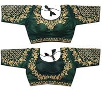 Indian Hawker Phantom Silk Embroided Handwork Designer Saree Sari Blouse Half Sleeves Readymade for Women Dark Green-42