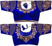 Indian Hawker Phantom Silk Golden Zari Embroided Thread Heavy Handwork Saree Sari Blouse Half Sleeve Readymade for Women Royal Blue-42