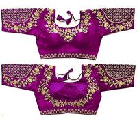 Indian Hawker Phantom Silk Saree Sari Blouse Back Design Thread Zari Stone Work Floral Embroidery Half Sleeve Readymade for Women Purple-38