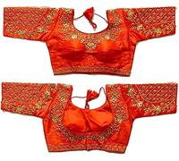 Indian Hawker Phantom Silk Saree Sari Blouse Back Design Thread Zari Stone Work Floral Embroidery Half Sleeve Readymade for Women Orange-38