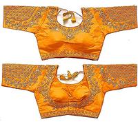 Indian Hawker Phantom Silk Saree Sari Blouse Back Design Thread Zari Stone Work Floral Embroidery Half Sleeve Readymade for Women Yellow-38