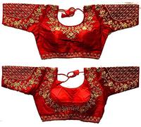 Indian Hawker Phantom Silk Saree Sari Blouse Back Design Thread Zari Stone Work Floral Embroidery Half Sleeve Readymade for Women Red-38