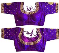 Indian Hawker Silk Blend Blouse Heavy Embroidery Solid Padded Short Sleeve Readymade for Women Purple-34