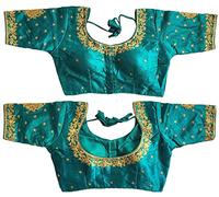 Indian Hawker Silk Blend Blouse Heavy Embroidery Solid Padded Short Sleeve Readymade for Women Turquoise Green-36
