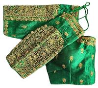 Indian Hawker Women's Party Wear Bollywood Phantom Silk with Flower Embroidery Sleeves Cut Work Readymade Saree Blouse Padded (Green36)