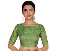 Indian Hawker Women's Party Wear Bollywood Polyester Brocade Readymade Style Saree Blouse Elbow Sleeves Bust Non-Padded (Green 36)