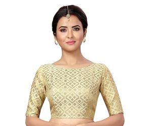 Indian Hawker Women's Party Wear Bollywood Polyester Brocade Readymade Style Saree Blouse Elbow Sleeves Bust Non-Padded (Cream 36)