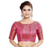 Indian Hawker Women's Party Wear Bollywood Traditional Benaras Brocate Readymade Stitched Saree Blouse (Pink-38)