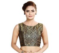 Indian Hawker Women's Party Wear Bollywood Traditional Rich Banaras Brocate Sleeveless Readymade Stitched Saree Blouse (Black-38)