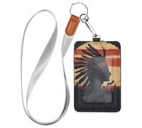 Indian Headdress Western Cowboy Style Silhouette Leather Badge Holder for Women with Lanyard and 3-Card Capacity id Card Holders for Office Shcool Hospital & Driver Licence