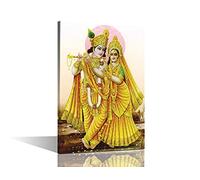 Indian Hindu Gods Wall Art Radha Krishna Bedroom Wall Decor 1 Panel Canvas Retro Wall Art Artwork Home Decorations for Living Room Giclee Framed Ready to Hang Posters and Prints (12''Wx 18''H)