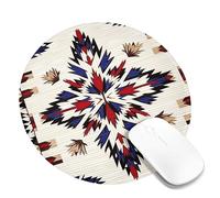 Indian-Inspired Geometric Pattern Mouse Pad, Rustic Red Blue Tribal Design Stitched Edge Mousepad, Rubber Non-Slip Washable Gaming Mouse Pad for Home and Office Computer, Laptop Round 8x8 Inch