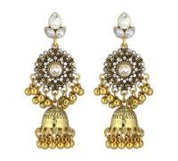 Indian Jhumka Bells Tassel Chandelier Dangle Crystal Bohemian Ethnic Earrings for Women Bollywood Jhumki Round Drop Vintage Rhinestones Stud Traditional Boho Statement Wedding Party Holiday Jewelry