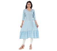 Indian Kurtis for Women | Ethnic Kurti Dress, Casual and Party Wear Tops DKL551 Indians Embellished with Gota Laces Cotton Blue Graphic Tunic V-Neck Below The Knee BlackCasual (Numeric_16) Blue