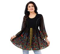 Indian Kurtis for Women: Premium Ethnic Tops - Stylish Tunics for Casual, Party & Festive Wear BD445 Indians Embroridery 32 inches Poly Georgette Black Solid Any Ocassion Casual (Numeric_18) Black