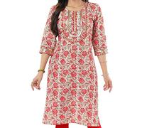 Indian Kurtis for Women: Premium Ethnic Tops - Stylish Tunics for Casual, Party & Festive Wear CP309 Indians Embellished with Gota Laces Cotton Beige Floral Tunic Round Neck Casual (Numeric_10) Beige