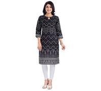 Indian Kurtis for Women: Premium Ethnic Tops - Stylish Tunics for Casual, Party & Festive Wear DKL517 Indians Thread and Sequine Work Cotton Blend Black Floral for Women Casual (Numeric_14) Black