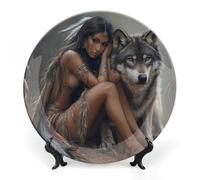 Indian Maiden and Wolf Native Am-erican Decorative Plate Ceramic China Plates with Display Stand for Home Wall Decor 7inch