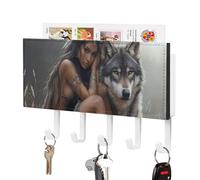 Indian Maiden and Wolf Native Am-erican Key Holder Wall Mounted Key Rack Organizer with 5 Hooks