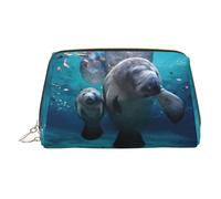 Indian Manatees Print Premium Leather Toiletry Travel Pouch with Waterproof Portable Pouch Open Flat Makeup Bag