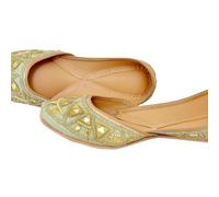 Indian Marketplace Traditional Handcrafted Women's Jutti Flats, Mint Green with Gold Embroidery, Pearl Beaded Embellishments, Black and Gold, 5.5 UK