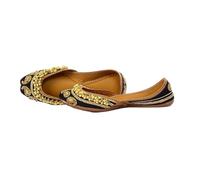 Indian Marketplace Traditional Handcrafted Women's Juttis, Gold Embellished Black Leather Ballet Flats, Black and Gold, 3 UK