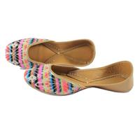 Indian Marketplace Women's Traditional Handcrafted Juttis, Multicolor Geometric Pattern, Leather Ballet Flats, Black and Gold, 5.5 UK