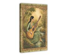 Indian Miniature Art Print, Serene Sitar Player Canvas Poster Wall Art Decor Print Picture Paintings for Living Room Bedroom Decoration 24" L X 36" W
