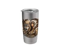 Indian Native American Woman with White Wolf Stainless Steel Insulated Tumbler