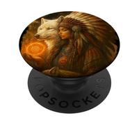 Indian Native American Woman With White Wolf Vitage Gifts PopSockets Adhesive PopGrip