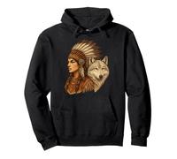Indian Native American Woman with White Wolf Vitage Pullover Hoodie