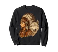 Indian Native American Woman with White Wolf Vitage Sweatshirt