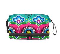 Indian Pakistani Colorful Floral Art Flowers Pattern Double Layer Cosmetic Bag for Women and Girls, Travel Toiletry Bag Makeup Handy Pouch Organiser Bag with Brush Compartment