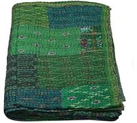 Indian Patchwork Kantha Quilt,Throw Handmade Silk Patola Kantha Bed Cover,King Size Reversible Bedding Bedspread,Vintage Hand Stitch Gudri (Green King 108" x 108" with Pillow Sham)