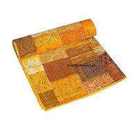 Indian Patchwork Kantha Quilt,Throw Handmade Silk Patola Kantha Bed Cover,King Size Reversible Bedding Bedspread,Vintage Hand Stitch Gudri, Decorative Beach Blanket (Yellow, Twin 60" x 90")